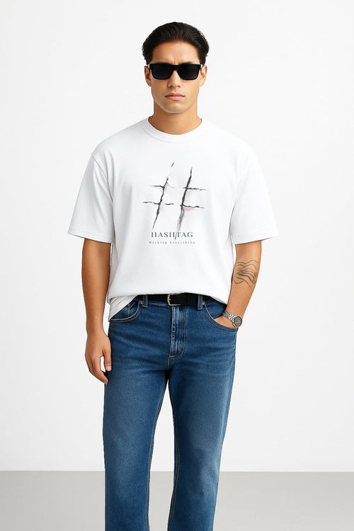 "Hashtag Scratch" Oversized T-Shirt | Minimalist Grunge Style White