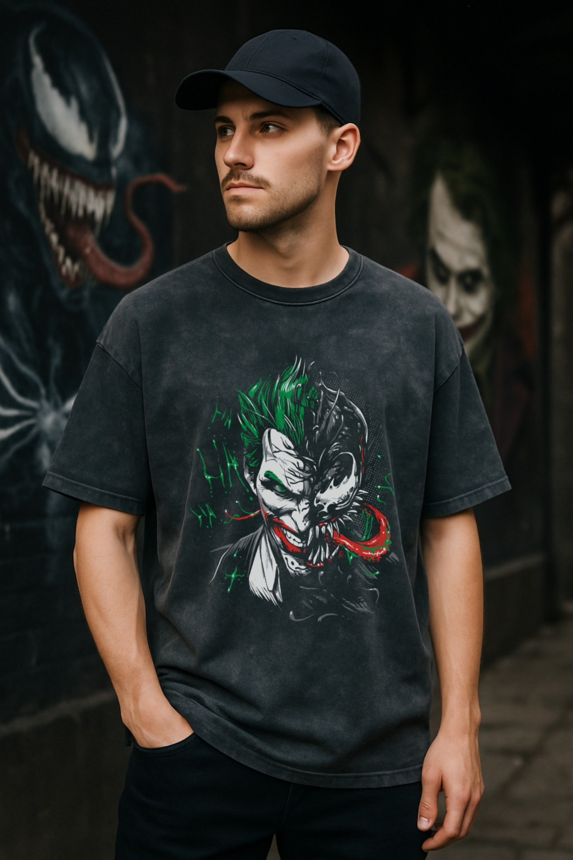 “Joker Venom Fusion” Acid Wash Oversized Tee – Streetwear Edition Acid Black