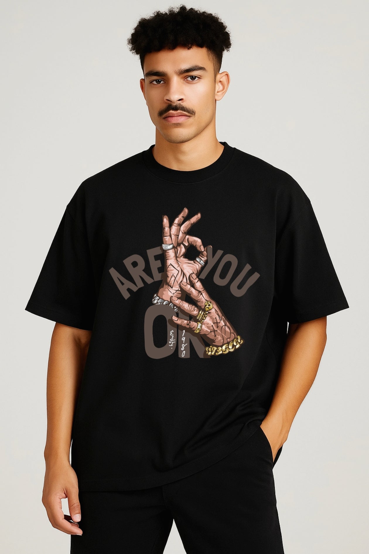 Oversized "ARE YOU OK?" Graphic Classic T-Shirt Black