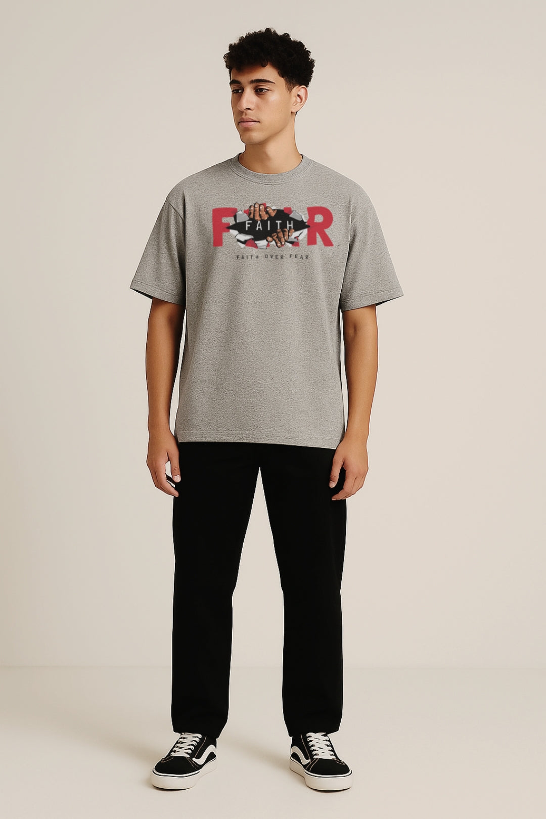 Oversized "Faith Over Fear" Graphic T-Shirt Grey